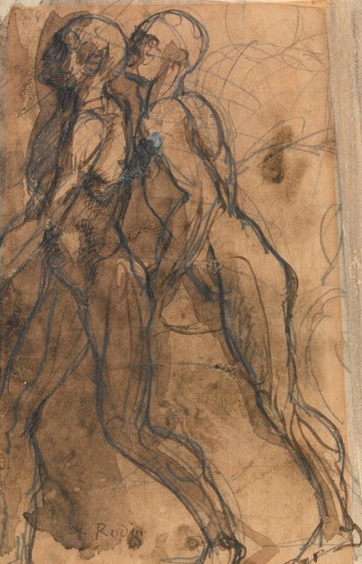 ダンテとバージルに近づく色合い（グラファイト、ペンと暗いセピア色のバフ紙でのウォッシュ） 作： Auguste Rodin