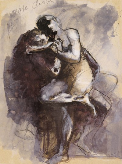 花瓶クロディオン（恋人）c.1880（紙にガッシュとグラファイトの黒インク） 作： Auguste Rodin