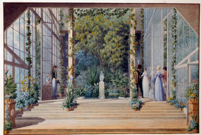 マルメゾン城の暖かい温室への訪問 Auguste Garneray (1785-1824) によるAquarelle 1823 Sun.0,16x0,24 m Malmaison, musee du chateau 作： Auguste Simon Garneray