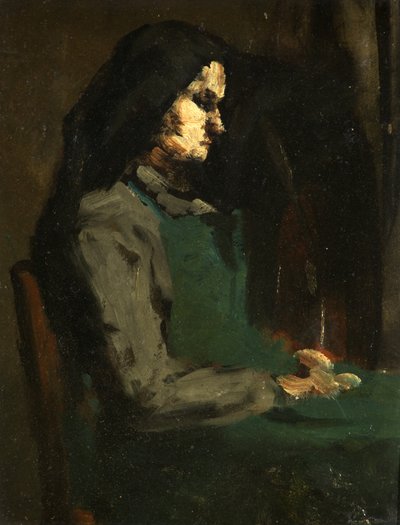 緑のエプロンを持つ女性（段ボールに油） 作： Auguste Theodule Ribot