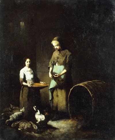 農場の動物に餌をやる若い農民の女の子、 作： Auguste Theodule Ribot