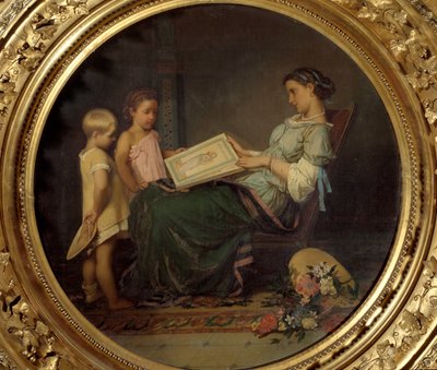 La lecon de lecture オーギュスト・トゥルムーシュ（1829-1890）の絵画 1854年 パリ、オルセー美術館 作： Auguste Toulmouche