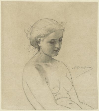 座っている女性の裸体、右に 4 分の 3、半分の長さ 作： Auguste Toulmouche