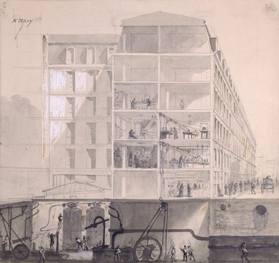 パリの第11区に居住する労働者の断面、1875年頃（紙にペンとインク、ガッシュ） 作： Auguste Victor Deroy