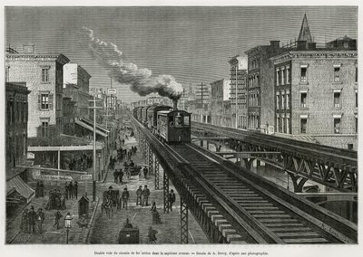 ニューヨーク、7番街のエアライン鉄道の複線。Edouard de Laveleye, 1878-1879年、Edouard Charton (1807-1890)の指揮の下、Tour du mondeに掲載された。 作： Auguste Victor Deroy