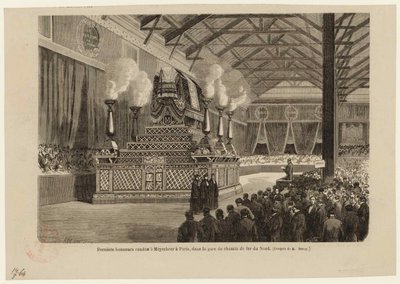 1864 年 5 月 6 日、パリの北駅で Giacomo Meyerbeer に最後の栄誉を授けます。 作： Auguste Victor Deroy