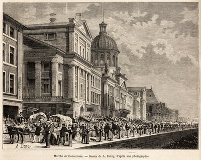 Le marche de Bonsecours モントリオールの観光・文化の中心地。1873年にH.De Lamotteが行ったカナダと北の川への小旅行を描いたA.Deroyの絵をもとに彫られたもので、1875年にEdouが編集した「Le tour du monde」に掲載されている。 作： Auguste Victor Deroy