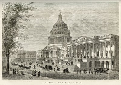 アメリカ合衆国の首都ワシントン（コロンビア特別区）にある、1793年から1830年にかけて建設された議会の所在地であるキャピトル。ウィリアム・ヘップワース・ディクソンが1875年に発表した「La conquete blanche」の物語を説明するために、A.Deroyが描いた絵をもとにしたエングレーヴィング、p 作： Auguste Victor Deroy