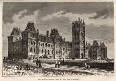 1859年から1876年にかけて建設されたオタワの国会議事堂。1873年にH.De Lamotteが行ったカナダと北の赤い川への小旅行を描いたA.Deroyの絵をもとに彫られたもので、1875年にEdouardが編集した "Le tour du monde "に掲載されている。 作： Auguste Victor Deroy