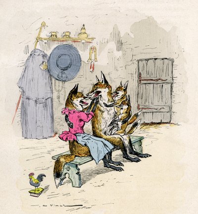A.ヴィマールによる「レナールの小説（狐の小説）」（アンリ・ローランス版）の挿絵 19世紀 - グーピルとエルメリンの狐とその妻、家、子供たちと子狐たち。 作： Auguste Vimar