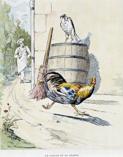 ラ・フォンテーヌ寓話集」のハヤブサとカポネ、オーギュスト・ヴィマール（1851-1916）の絵、トゥール、A, Mame & Filsにて。 作： Auguste Vimar
