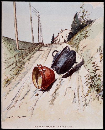 Le pot de terre et le pot de fer - Auguste Vimar (1851-1916) が描いた「Les Fontaine の寓話」の中で、Tours, at A, Mame & Fils. 作： Auguste Vimar