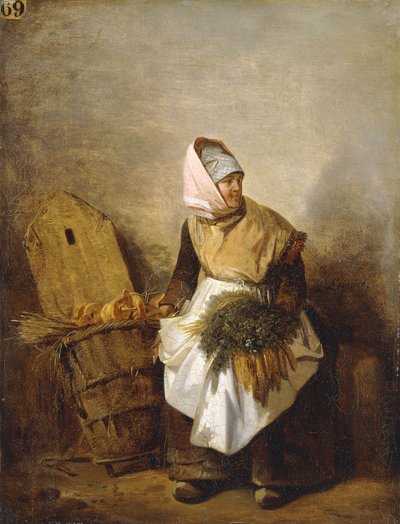 野菜とパンを持った農民の女性 作： Auguste Xavier Leprince