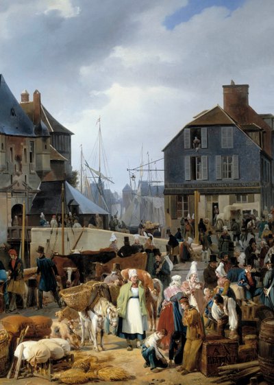 オンフルール港での「乗客の牛の乗船」 オーギュスト・グザヴィエ・ルプランス（1799-1826）の絵画の詳細 作： Auguste Xavier Leprince