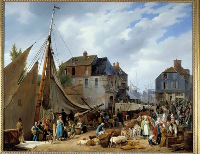 オンフルール港での「乗客に牛を乗せる」 オーギュスト・グザヴィエ・ルプランス（1799-1826）の絵画 1823年。薄暗い。1.3×1.6メートル 作： Auguste Xavier Leprince