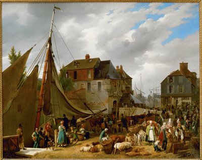 フランスのオンフルール港で家畜を乗船させる "Le Passager" ... 作： Auguste-Xavier Leprince