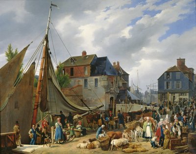 1823年、オンフルール港の「パッサージャー」に家畜を積み込む 作： Auguste Xavier Leprince