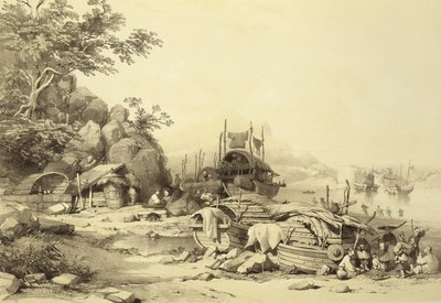 ユージーンシセリ（1813-90）1842年に彫り込まれた、カオルーン湾の屋形船、スケッチ6の中国のプレート6 作： Auguste after Borget