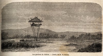 バタヴィア（現在のジャカルタ）の近くにある米の番人。M.デ・モリンがジャワ島への旅を説明するために描いた絵 作： Auguste de Molins