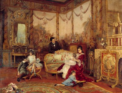 劇作家のヴィクトリアン・サルドー（1831 - 1908）とその子供たち。暖炉の前で火を焚いている居間の室内からの眺め。オーギュスト・ラ・ブレリー（1838-1906）の絵画 作： Auguste de la Brely