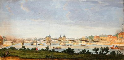 テムズ川に架かるハンプトン・コート・ブリッジの透視図、チャールズ・グリニョン（1717-1810）による1754年頃のカラー・エングレーヴィング。 作： Augustin (after) Heckel