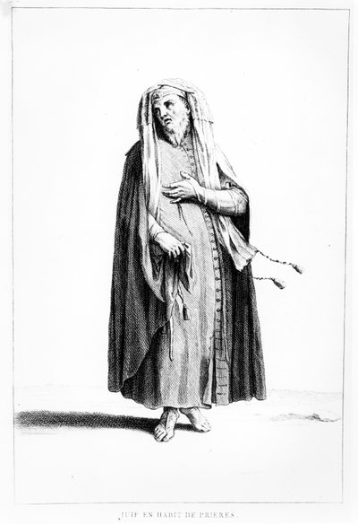 祈りのために服を着たフランスのユダヤ人の男、聖書の歴史物語、1722年のイラスト 作： Augustin Calmet