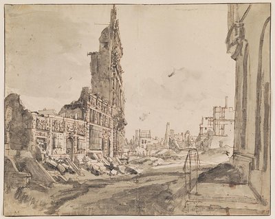 1695 年の砲撃後のグラン プラスの北東と北西の角を見渡す 作： Augustin Coppens