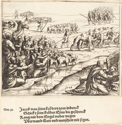 天使と格闘するジェイコブ、1548年。 作： Augustin Hirschvogel