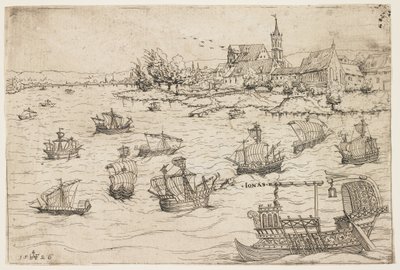 ヨナと帆船のある湖の上のクジラ、1546 作： Augustin Hirschvogel