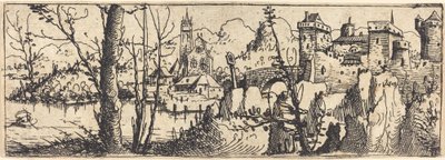 岩に囲まれた右に城のある風景、1546年。 作： Augustin Hirschvogel