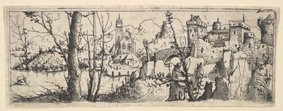 砦のある風景と川沿いの教会、1545年。 作： Augustin Hirschvogel
