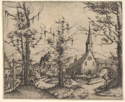 4本の木のある風景と右側の教会、1545年。 作： Augustin Hirschvogel