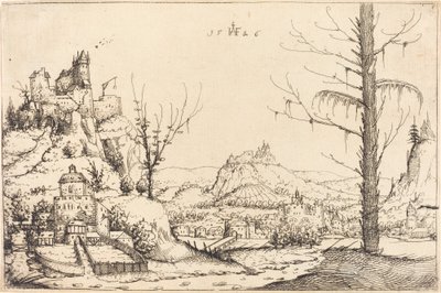 高い崖、川、都市のある風景 作： Augustin Hirschvogel