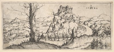 高い岩と要塞のある風景、1546年。 作： Augustin Hirschvogel