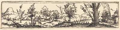 6 本の木と 3 つの小さな農家のある風景。 作： Augustin Hirschvogel