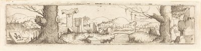 小川と廃墟のある風景 作： Augustin Hirschvogel