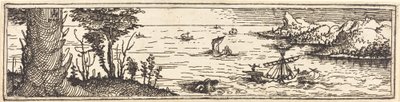 湖と帆船のある風景、1545年。 作： Augustin Hirschvogel