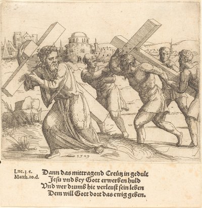 男はキリストの後に十字架を運ぶ、1549年. 作： Augustin Hirschvogel