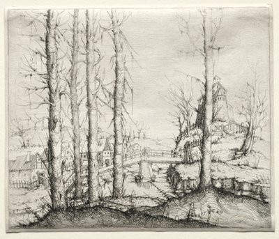 1549年に手前に5本の裸のトウヒの木がある川の風景。 作： Augustin Hirschvogel