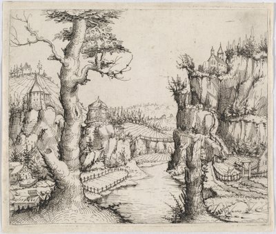 高い崖のある川の風景、1546年。 作： Augustin Hirschvogel