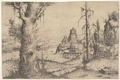 左に大きな木がある川の風景、1546。 作： Augustin Hirschvogel