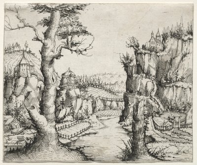 左右に岩のある川の風景 作： Augustin Hirschvogel