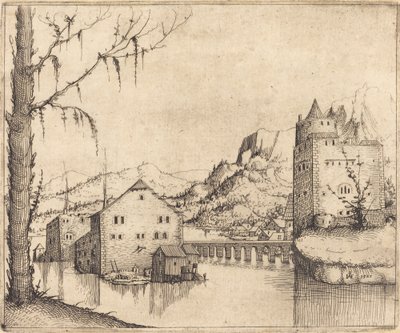 2つの建物のある川の風景 作： Augustin Hirschvogel