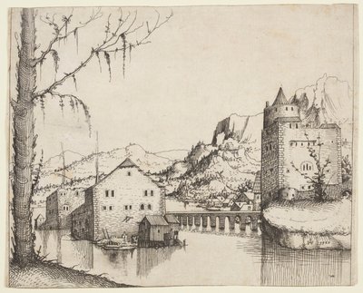 橋でつながれた2つの建物のある川の風景 作： Augustin Hirschvogel