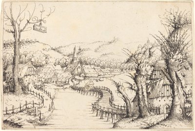 木製の橋のある川の風景、1546年。 作： Augustin Hirschvogel