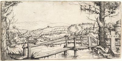 歩道橋のある川の風景、1546年。 作： Augustin Hirschvogel