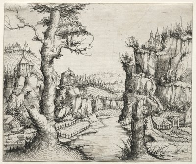 左の岩と右の岩のある川の景観、1546年。 作： Augustin Hirschvogel