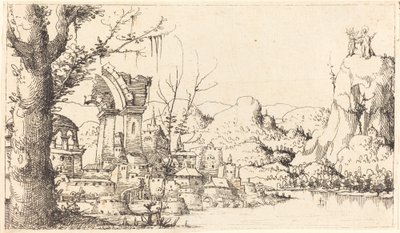 キリストの誘惑のある川の風景 作： Augustin Hirschvogel