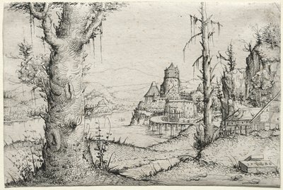 左に大きな木がある川の風景、1546年。 作： Augustin Hirschvogel
