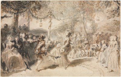 庭の居酒屋でパフォーマンスする衣装を着たダンサー、1756年。 作： Augustin de Saint Aubin
